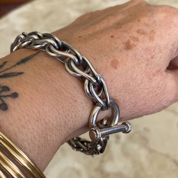 Heavy Solid 925 Sterling Silver Chunky Toggle Bracelet - Picture 1 of 11